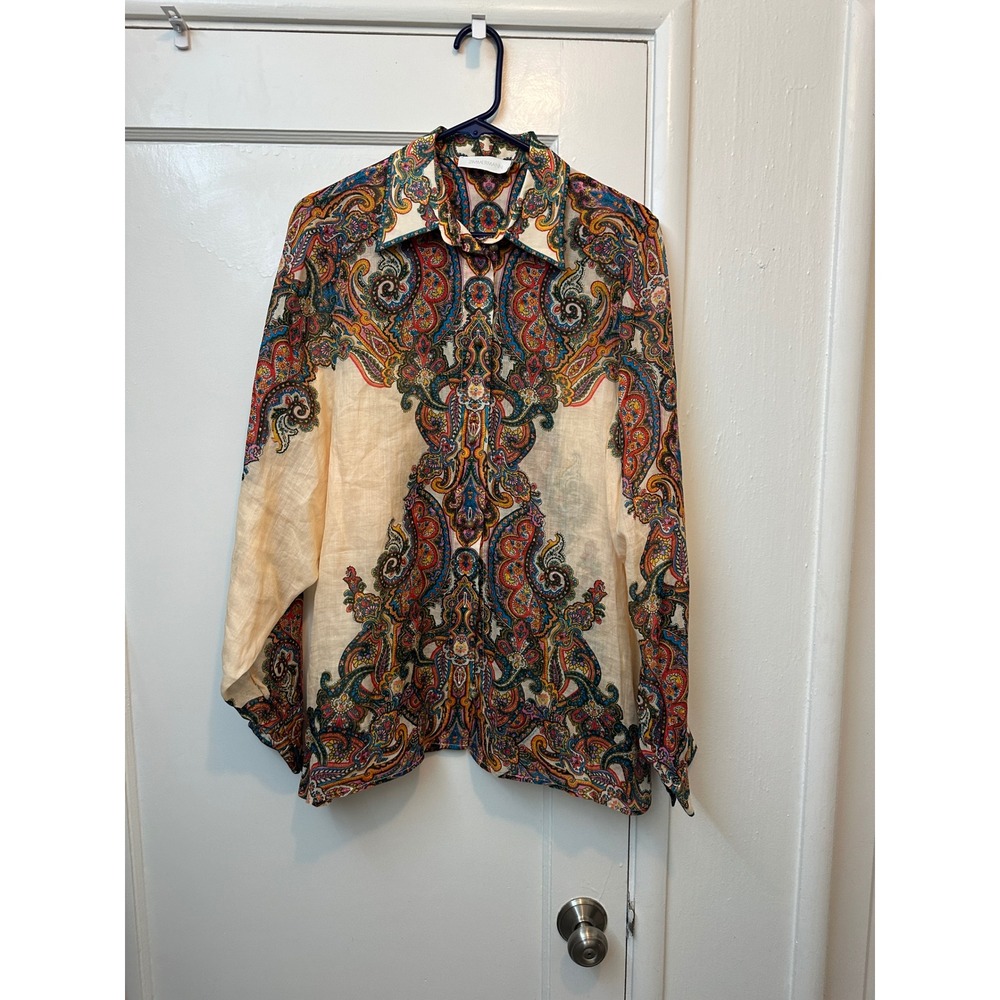Zimmermann Multi Color Paisley Print 100% Ramie Button Up Shirt Long Sleeve 10 M